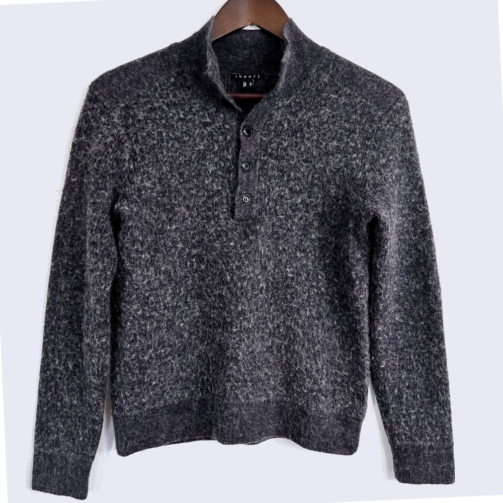 Theory Women's‎ SP Gray Merino Wool Alpaca Blend Mock Neck 1/4 Button Sweater